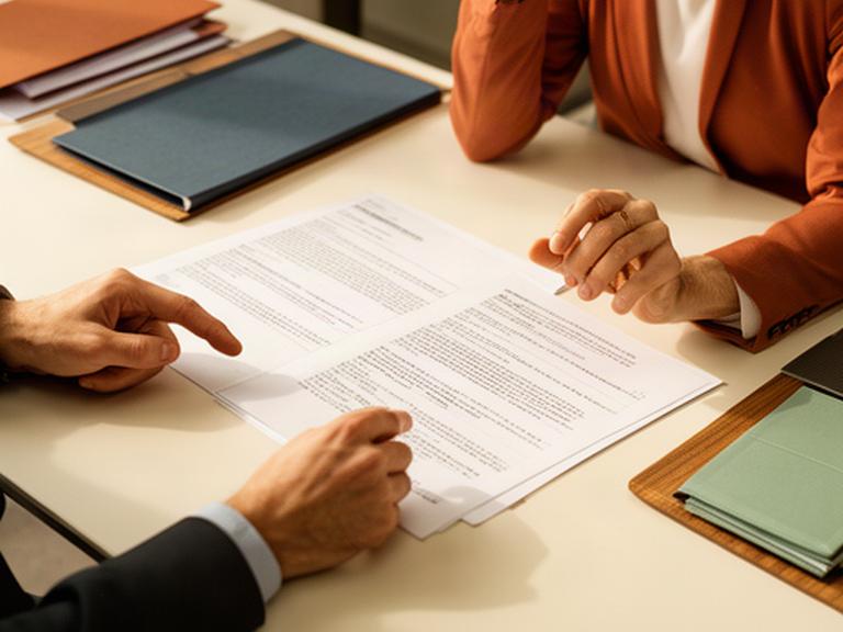 Profesionales revisando un acuerdo de servicios jurídicos en una mesa de despacho