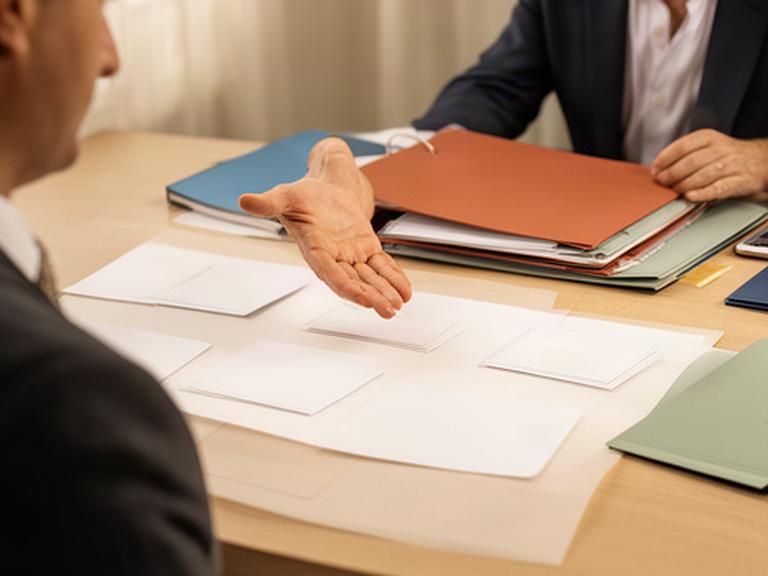 Abogado señalando los próximos pasos de un expediente durante una consulta